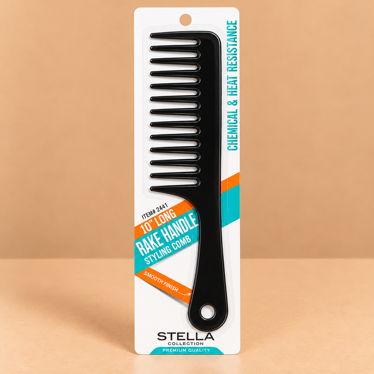 Stella Collection 10" Rake Handle Comb #2441, featuring a rake-style comb head and long handle.