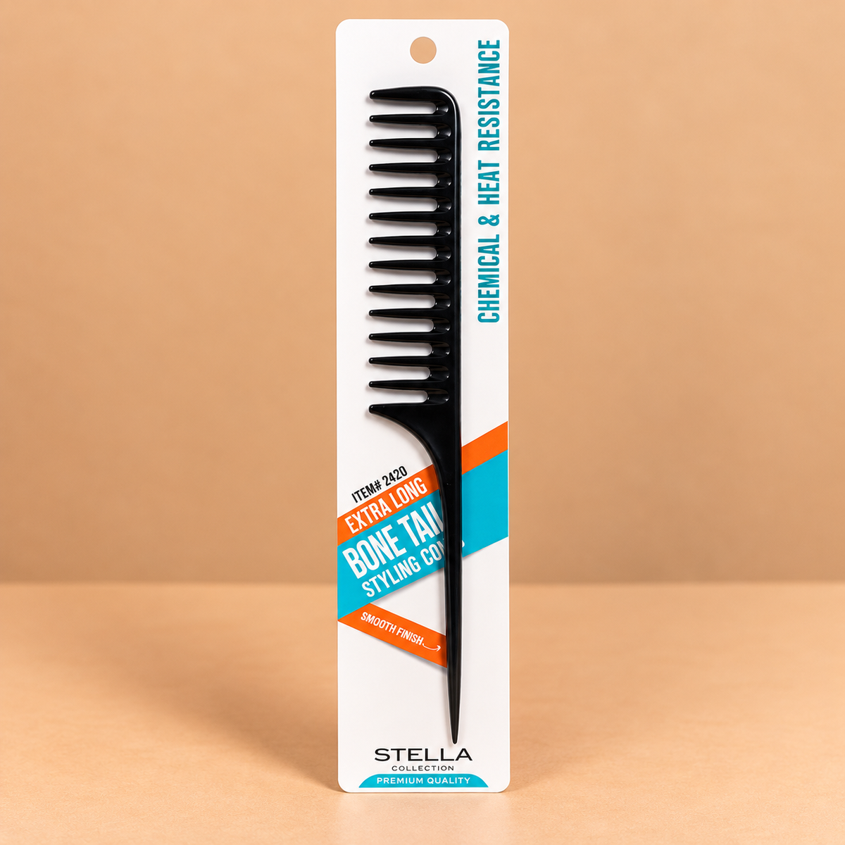 Stella Collection Extra Long Bone Tail Comb #2420 in original packaging, featuring a black comb with a long pointed tail.