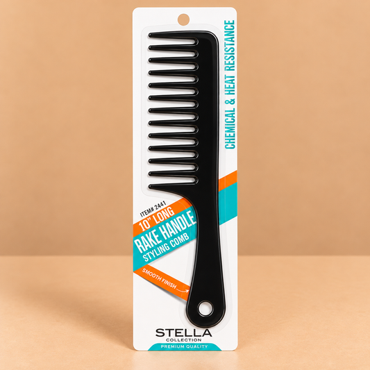 Stella Collection 10" Rake Handle Comb #2441, featuring a rake-style comb head and long handle.