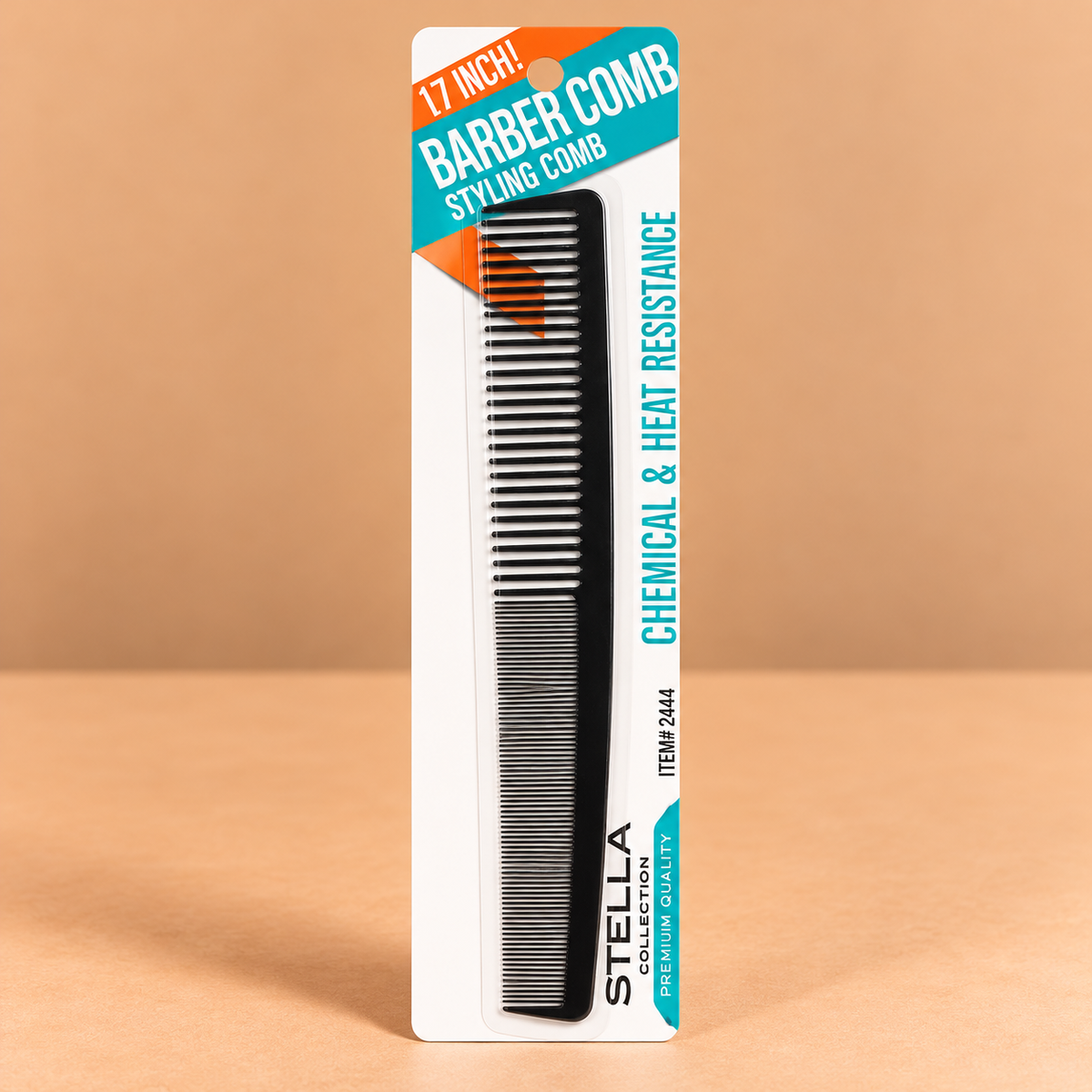 Stella Collection Barber Styling Comb #2444, featuring a barber-style comb with teeth for hair cutting, sectioning and styling.