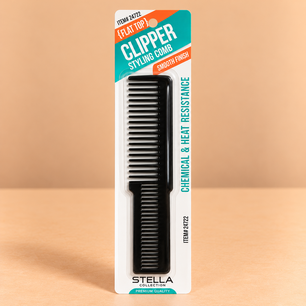 Stella Collection Flat Top Clipper Styling Comb #24722, featuring a flat, wide comb design with closely spaced teeth for barbering and clipper-over-comb cutting.