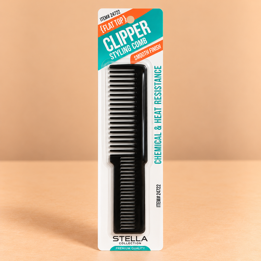 Stella Collection Flat Top Clipper Styling Comb #24722, featuring a flat, wide comb design with closely spaced teeth for barbering and clipper-over-comb cutting.