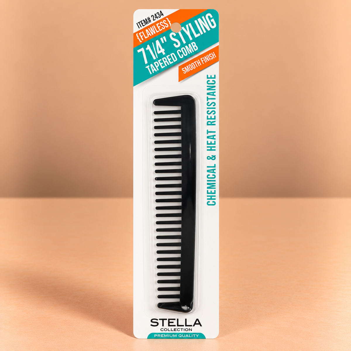 A black tapered styling comb in retail packaging, with a white backing card featuring teal and orange text and the brand name STELLA COLLECTION at the bottom.