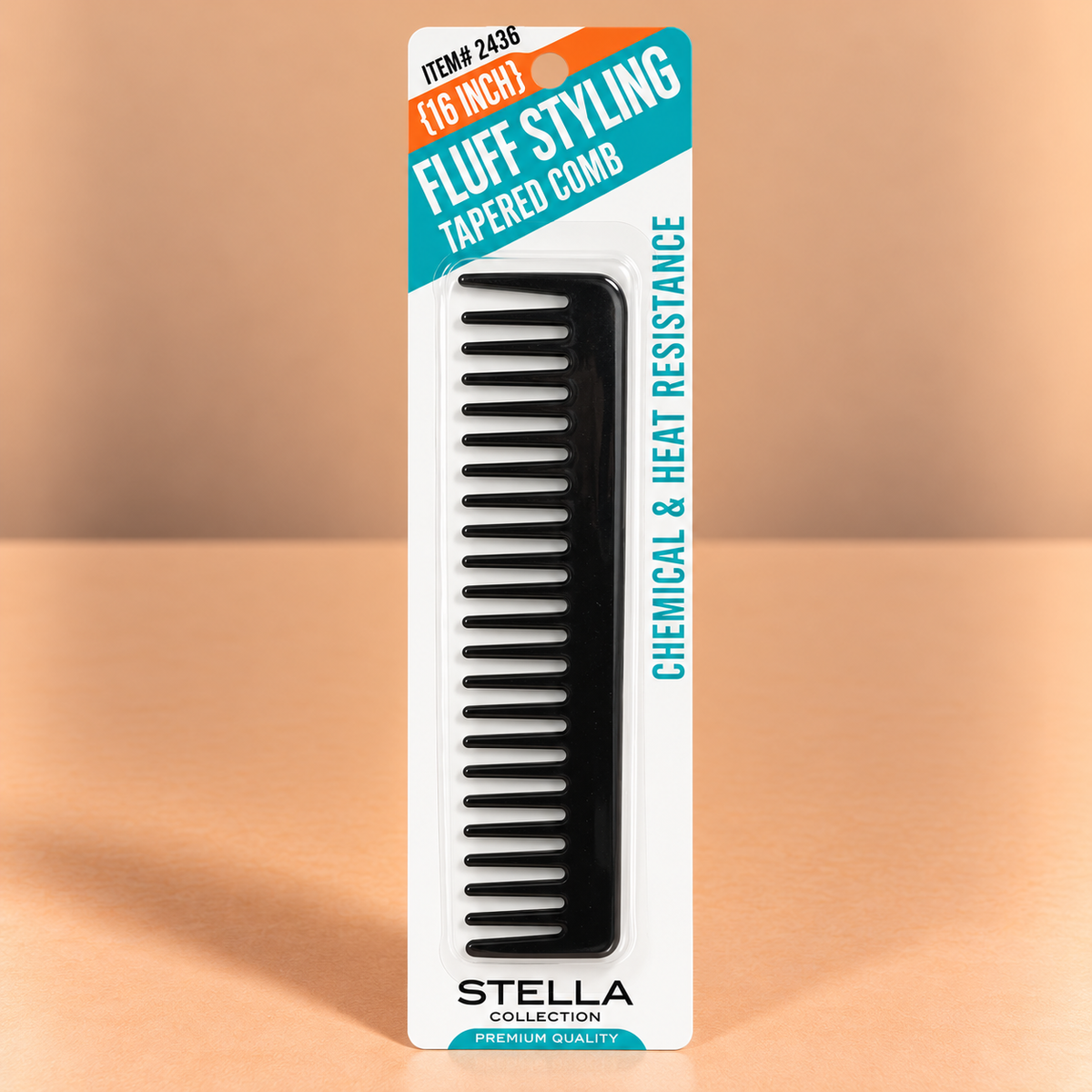 Stella Collection 6" Fluff Styling Tapered Comb #2436, featuring a compact tapered comb with narrow teeth and a slim design.