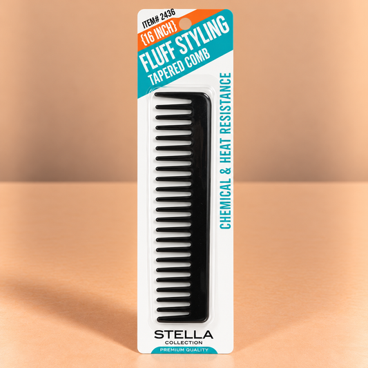 Stella Collection 6" Fluff Styling Tapered Comb #2436, featuring a compact tapered comb with narrow teeth and a slim design.