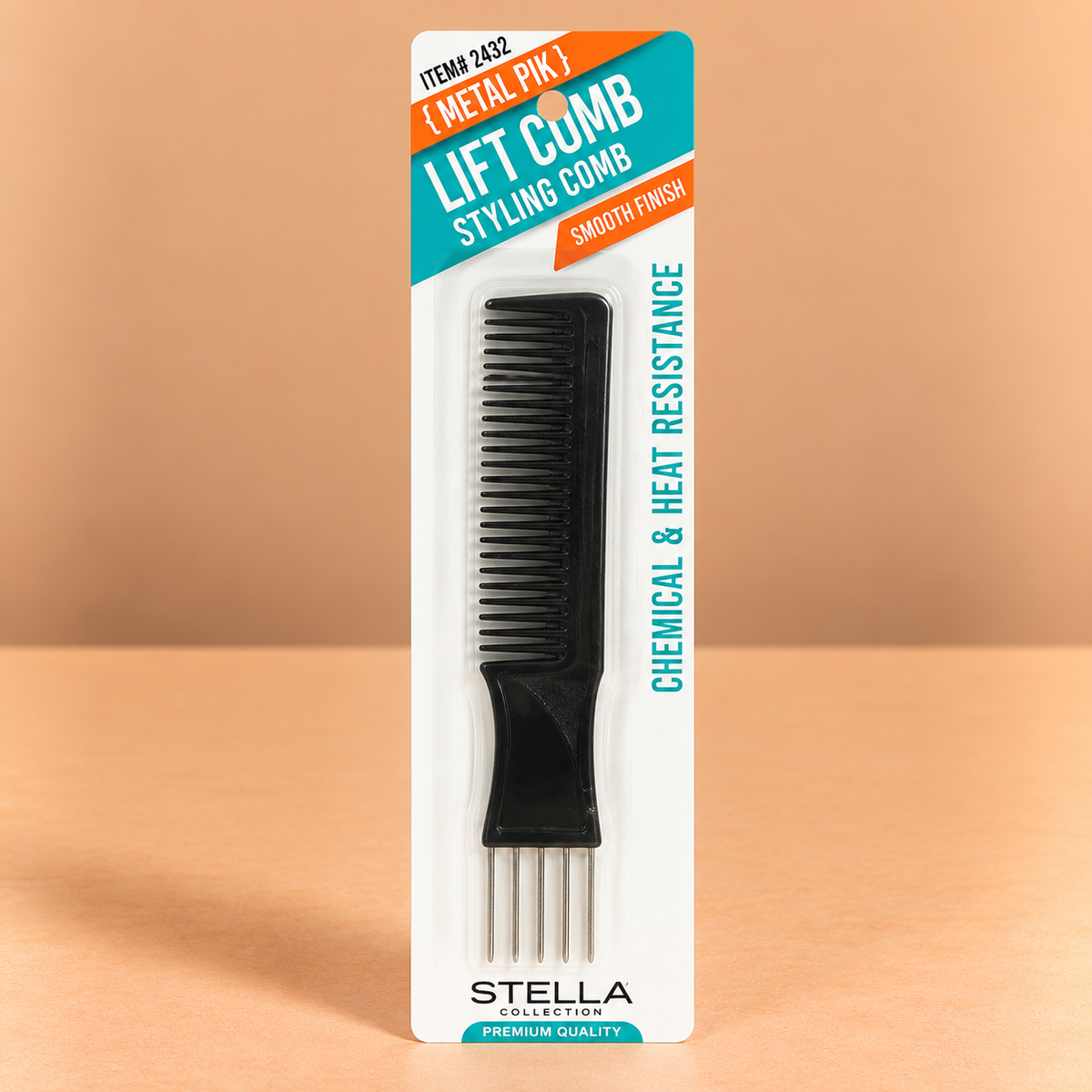A black metal lift comb by Stella Collection, packaged on a white cardboard backing with a colorful teal, orange, and black header card, set against a warm beige background.