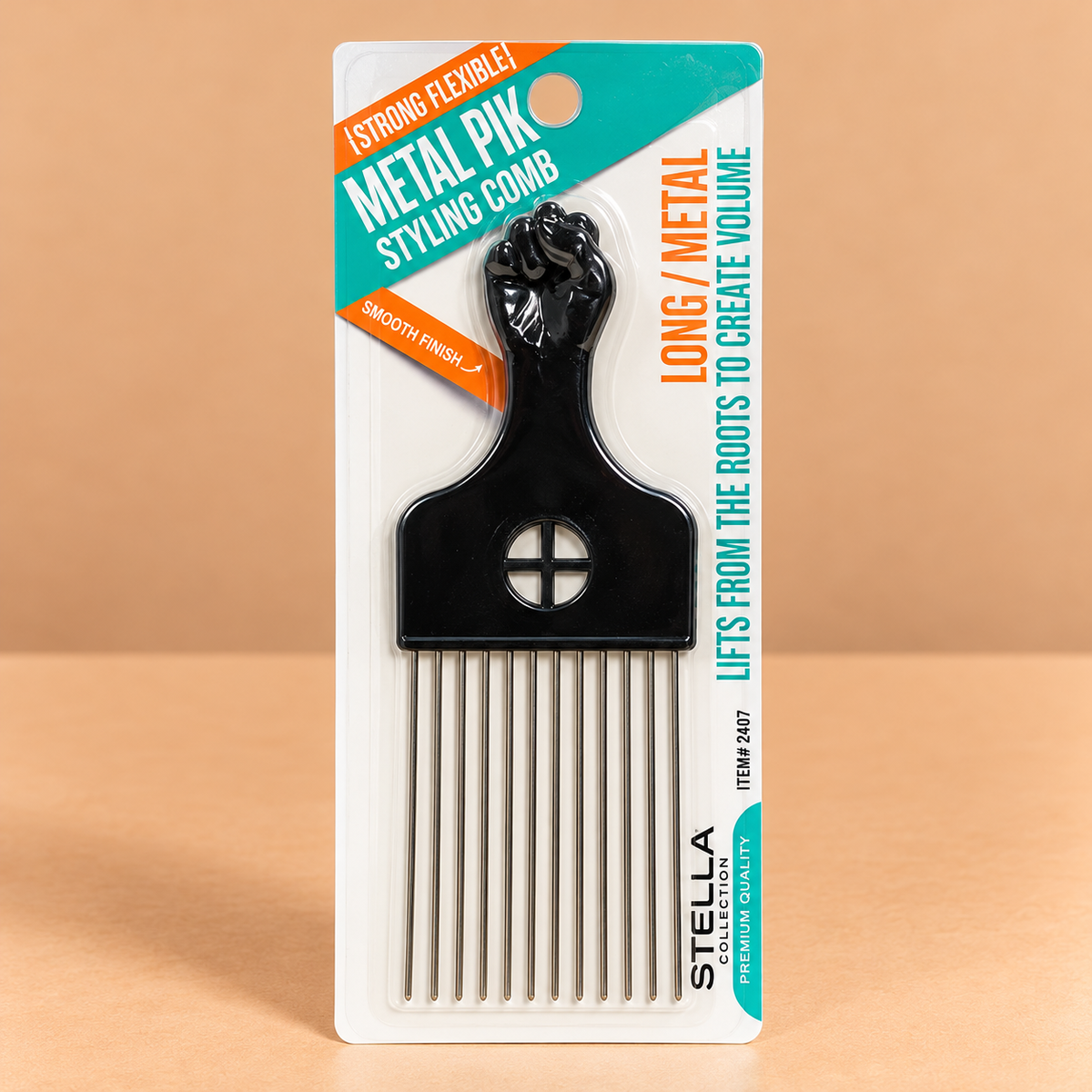 Stella Collection Metal Pik Long Styling Comb #2407, featuring long metal pik teeth designed for lifting and shaping hair.