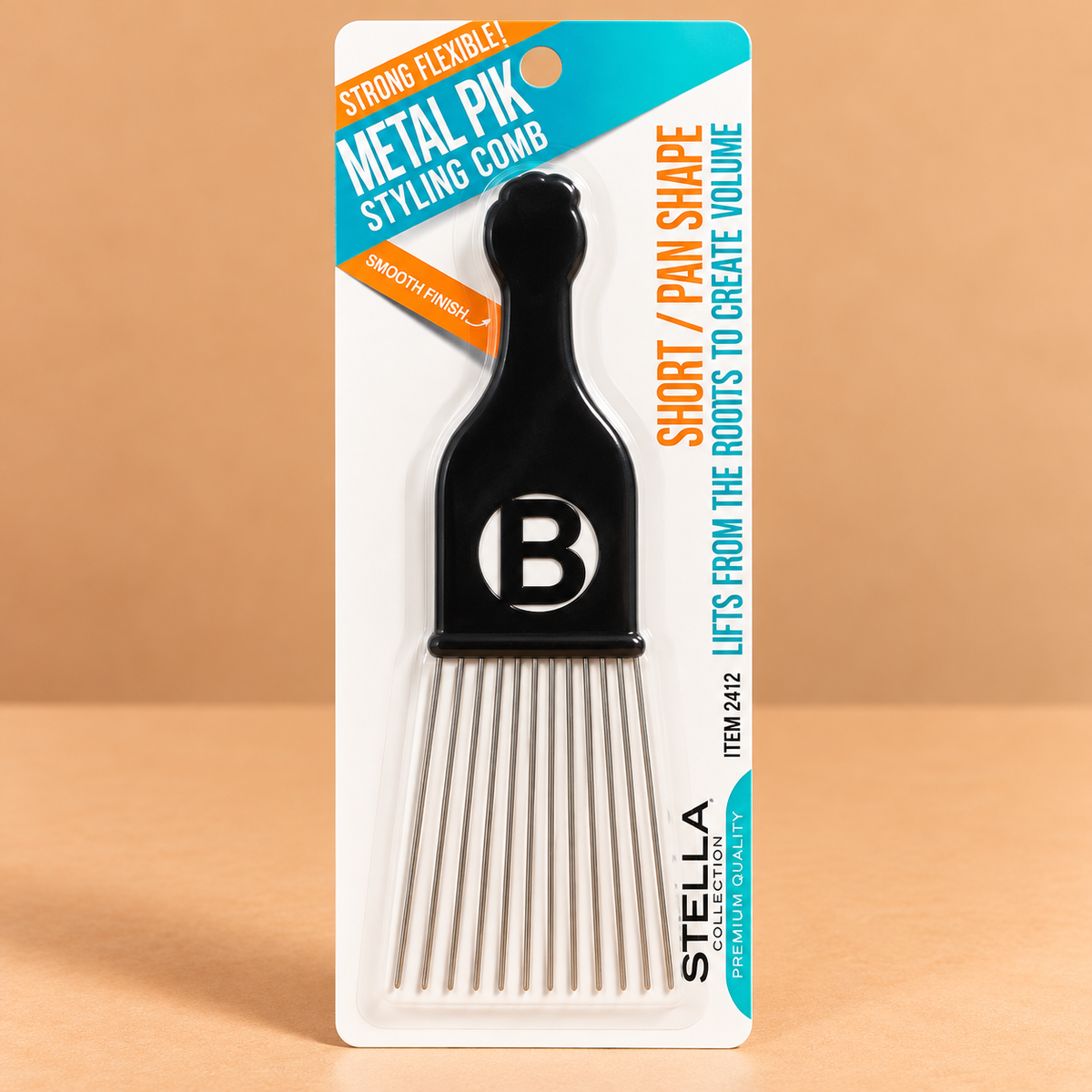 Stella Collection Metal Pik Styling Comb #2412, featuring metal pik teeth and a compact short-pan shape design for hair styling.