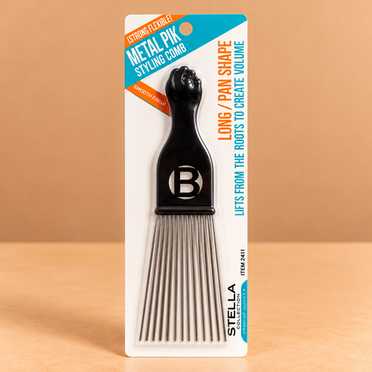 Stella Collection Metal Pik Styling Comb #2411, featuring metal pik teeth and an elongated long-pan shape design.