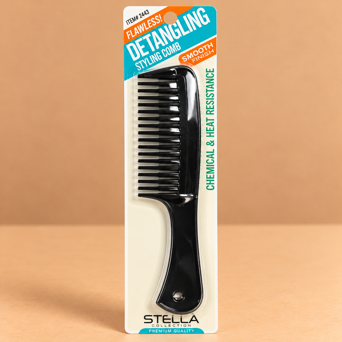 Stella Collection Plastic Detangling Styling Comb #2449, featuring a plastic comb designed for everyday hair detangling and styling.